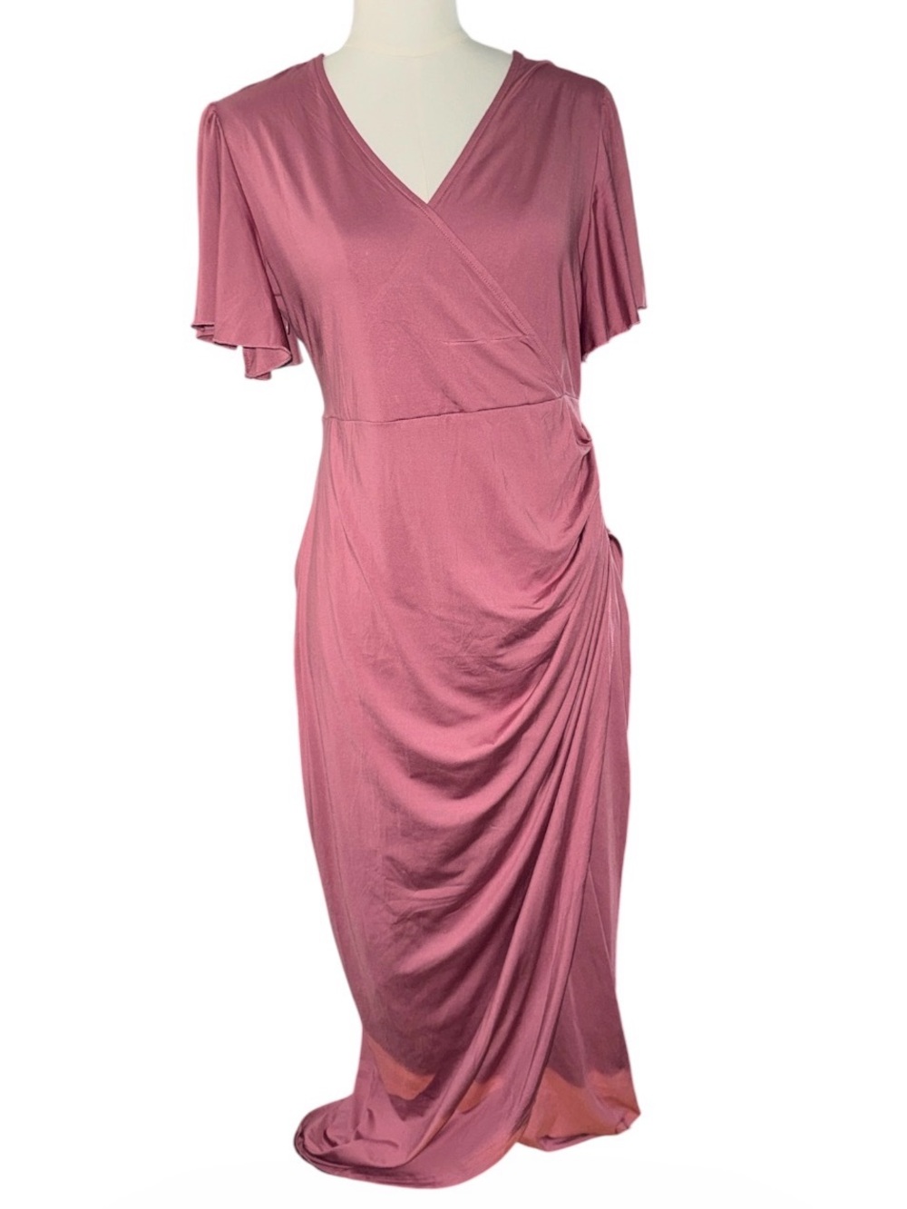 AISWI Maternity Maxi Wrap Dress Medium Pink Short Sleeve Side Zip Ruffle V-Neck